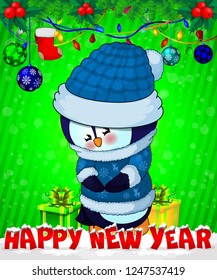 Cartoon cristmas penguin with gift boxes on green background.