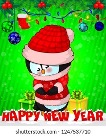 Cartoon cristmas penguin with gift boxes on green background.