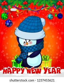 Cartoon cristmas penguin on red background. Vector illustration.