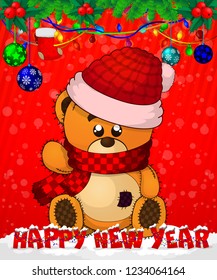 Cartoon cristmas teddy bea on red background. Vector illustration.