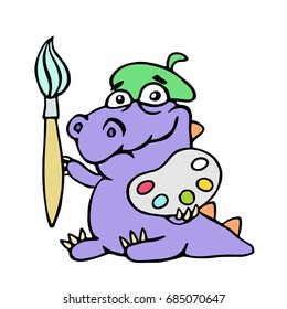 Cartoon croc artist painter with brush and palette of colors. Vector illustration. Digital drawing cute character.