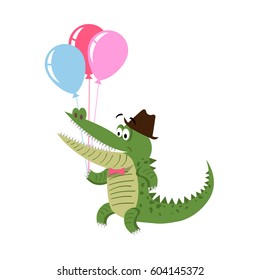 Cartoon crocodile with air balloons in hat isolated on white background. Cute big reptile vector illustration. Drawn friendly croc character going to make present on holiday in flat design