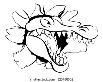 A cartoon crocodile or alligator mascot head smashing through a wall