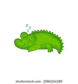 Cartoon crocodile baby sleeping and smiling isolated on white background - cute green animal lying and taking a nap. Flat vector illustration of alligator child asleep.