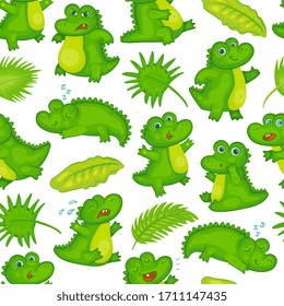 Cartoon crocodile baby and tropical leaves seamless pattern. Green alligator child with different emotions - happy, sad, angry and sleepy - flat isolated vector illustration.