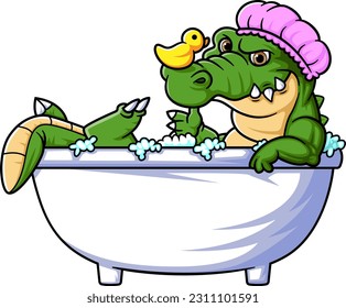 cartoon crocodile bathing in the bathtub of illustration