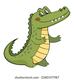 Cartoon crocodile with big smile and friendly pose. Green alligator is perfect for kids designs, educational materials, and playful illustrations. Vector animal character.