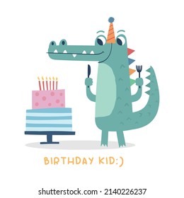 Cartoon Crocodile Celebrating Birthday, Birthday Cake