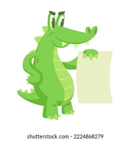 Cartoon crocodile character. Drawing of cute alligator standing with piece of paper in hand isolated on white background. Animals, mascot concept