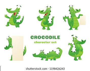 Cartoon crocodile characters. Alligator wild amphibian reptile green big animals vector mascots designs in various poses. Alligator animal, reptile green illustration