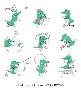 Personajes de cocodrilos de dibujos animados. Cocodrilos salvajes en situaciones humorísticas. Animal verde de áfrica saltando, corriendo, pescando. Conjunto de vectores infantiles de hoy en día