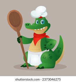 Cartoon crocodile chef with big wodden spoon. Vector character in chef hat and apron for game. children book, education, web or advertisign