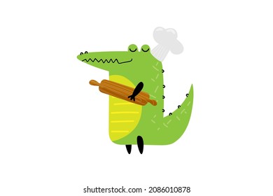 Cartoon crocodile with chef's hat and rolling pin. Alligator chef. Cute cartoon character for kitchen or nursery decor. Good smiling crocodile. Flat vector illustration on white background.