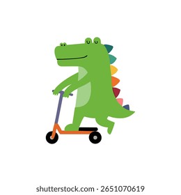 Crocodilo de desenhos animados com uma cauda de dinossauro colorido monta uma scooter