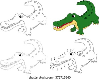 Cartoon crocodile. Coloring book and dot to dot educational game for kids
