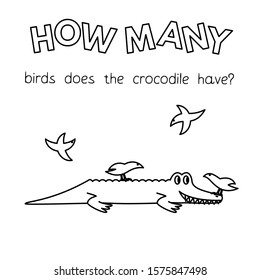 Cartoon crocodile counting game. Vector coloring book pages for children education. How many birds does the crocodile have