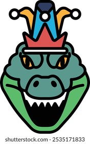 A cartoon crocodile with a crown on its head. The crocodile has a big smile and is wearing glasses