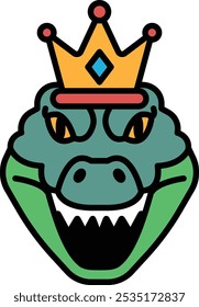 A cartoon crocodile with a crown on its head. The crocodile has a menacing look on its face