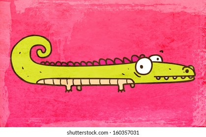 Cartoon Crocodile. Cute Hand Drawn Vector illustration, Vintage Paper Texture Background