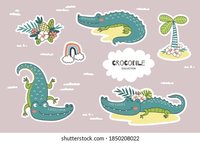 Cartoon crocodile doodles collection. Jungle animals character. Hand drawn icons vector illustration.