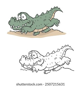 cartoon crocodile drawing with line art style. hand draw, colour, simple design outline style. easy to edit. you can change color you want. vector illustrations