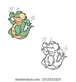 cartoon crocodile drawing with line art style. simple design outline style. alligator. character. vector illustrations
