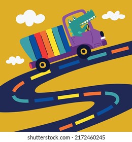 cartoon crocodile driving colorful truck