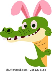 Cartoon Crocodile Easter Bunny Ears Peeking hand drawn