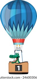 Cartoon crocodile flying in a colorful balloon