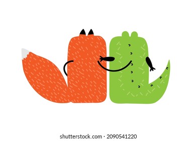 Cartoon crocodile and fox embrace each other. Cute cartoon characters. Friendship, two friends sittind their back. Vector hand drawn illustration isolated on white for hugging day card, banner