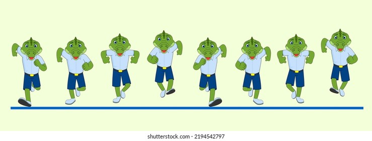 Cartoon Crocodile Frame by Frame Front Run Cycle, Vector Illustration, school dress with shorts, Ready to use for 2D Animation, Infographics, Animated Explanatory, Motion graphics