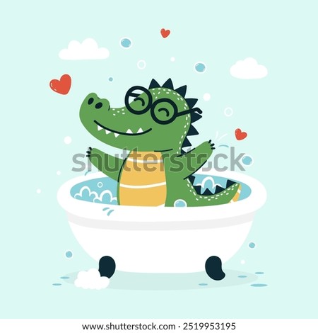 Cartoon crocodile with glasses splashing in a bubble bath.