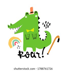 cartoon crocodile, hand drawing lettering,  decorative elements. colorful vector illustration for kids, flat style. baby design for cards, print, posters, logo, cover