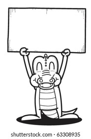cartoon crocodile holding a blank banner