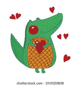 cartoon crocodile holding heart for children's book