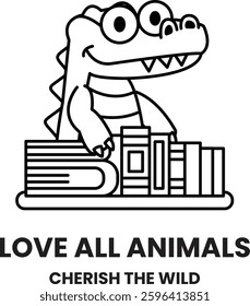 A cartoon crocodile holding a stack of books and the words "Love all animals, cherish the wild."