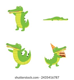 Cartoon crocodile icons set cartoon vector. Green funny crocodile. Cute alligator, predator