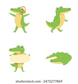 Cartoon crocodile icons set cartoon vector. Funny green crocodile. Animal character