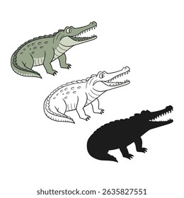 Cartoon crocodile illustrations in color, outline, and silhouette