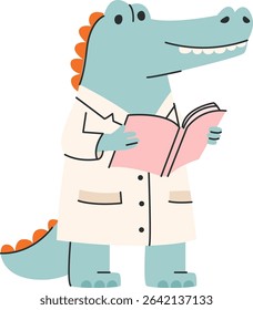 A cartoon crocodile in a lab coat holding a book. The reptile stands upright, appearing scholarly and engaged. Cartoon vector illustration.