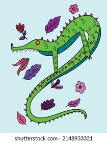 cartoon crocodile with long tail on leaves background