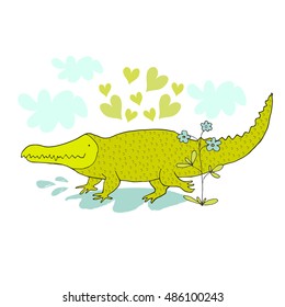 Cartoon crocodile in love. Hand drawn vector illustration. Can be used for kid's or baby's shirt design, fashion graphic, fashion print design, t-shirt and kids wear.