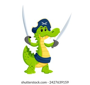 Caricatura de cocodrilo pirata personaje animal, corsario de cocodrilo. Vector aislado atrevido reptile rover personage con una sonrisa dentada y sables dobles, navegando en alta mar en busca de tesoro y aventura