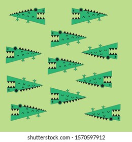 Cartoon crocodile Randomly placed, light green background.vector cartoon flat.