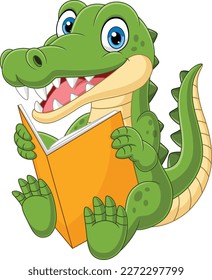 Cartoon crocodile reading a book