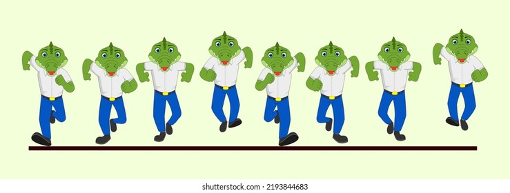 Cartoon crocodile in school dress front run cycle pose to pose animated. Ready to use in 2D animation, Motion poster, Explanatory Videos, Easy to edit