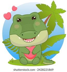 A cartoon crocodile sits on a palmetto in the leaves and hugs a heart. Crocodile in kawaii style.  Vector illustration of drawings, prints and patterns. Children s illustration. Isolated on white back