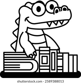 A cartoon crocodile is sitting on a stack of books