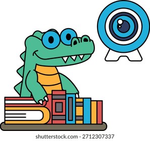 A cartoon crocodile is sitting on a table with a stack of books. The crocodile has a big smile on its face and he is enjoying the books. Concept of curiosity and playfulness