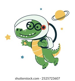 Cartoon crocodile in a space helmet explores the galaxy with stars and planets around.